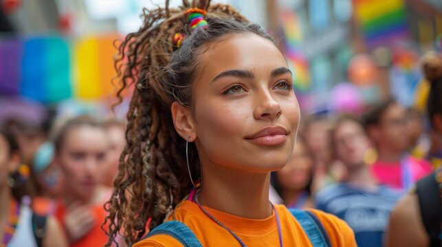 A group of people participating in a spoken word poetry performance about LGBTQ+ experiences at a Pride festival.