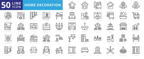 Home decoration icon set with design, trend, idea, renovation, interior, architecture, furnished, and floor plan.
