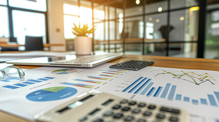 business financial statement with a calculator on the table in modern office, business finance audit concept photo