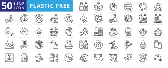 Plastic Free icon set with eco friendly, biodegradable, bpa, organic, bag, landscape, bio pack, natural and compostable.