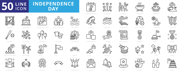 Independence day icon set with fireworks, parades, barbeques, carnivals, picnics, concerts, baseball, and political speeches.