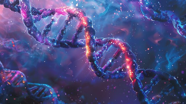 Colorful, glowing DNA strands on a cosmic background, symbolizing the connection between genetics and the universe.