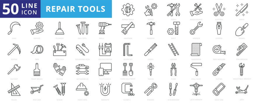 Repair tools icon set with maintenance, cutting, knife, sickle, scythe, hatchet, ruler, service, plunger, and drill.