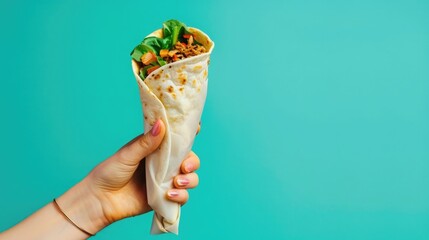 A hand holding a small shawarma in a tortilla on a turquoise background, viewed from the side.