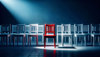 A red chair stands out in a room with white chairs, Think differently creative idea concept, Background with copyspace.