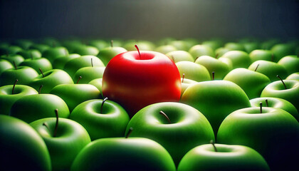 Bright red apples in a pile of green apples, Think differently creative idea concept, Background with copyspace.