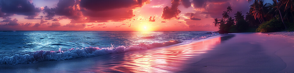 Obraz premium panoramic view, tropical island at sunset or sunrise, palm trees on beach, travel and landscape. Fantasy Wall Art Poster Print Design for Home Decor, Decoration Artwork, Wallpaper & Background