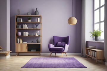 stylish interior of living room with design Violet armchair, wooden bookcase, pendant lamp