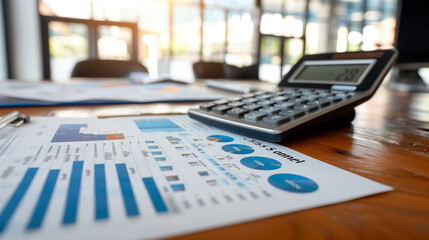 business financial statement with a calculator on the table in modern office, business finance audit concept photo