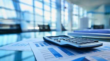 business financial statement with a calculator on the table in modern office, business finance audit concept photo