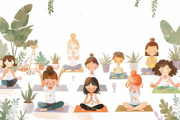 Comic illustration of children doing yoga and mindfulness exercises in a serene classroom, pastel and calming colors and happy expressions, peaceful atmosphere, white background - Generative AI