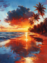 oil painting, tropical island beach at sunset or sunrise, dusk or dawn, travel and landscape. Wall Art Design for Home Decor, 4K Wallpaper and Background for Computer, Smartphone, Cellphone, Mobile