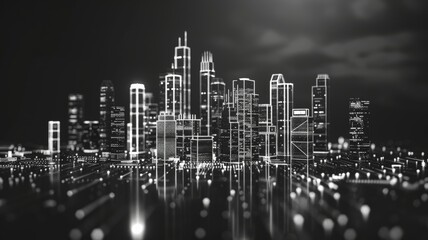 Black and white image of a futuristic city skyline at night, featuring tall skyscrapers and glowing outlines under a cloudy sky.