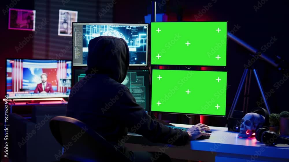 Poster rogue computer scientist uses ai deep learning and green screen pc to develop malware. hacker uses a
