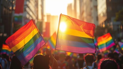 Crowd waving rainbow flags at a lively LGBTQ+ pride parade with a bright, colorful setting sun in an urban cityscape.