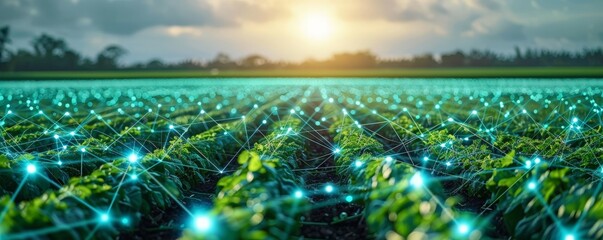 Digital farming concept with smart technology enhancing crop growth in a field at sunrise, showcasing agricultural innovation.