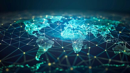 Obraz premium Digital world map interconnected with data points representing global communication, networking, and technology advancements.