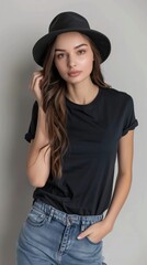 Young female wearing black blank t shirt mockup for print image fashion trendy
