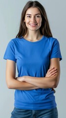 Young female wearing blue blankt shirt mockup for print image fashion trendy