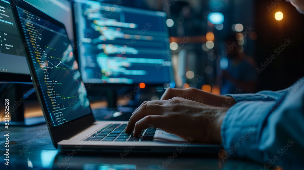 Poster software engineer typing on laptop at desk in modern office, a programmer writing a software code on