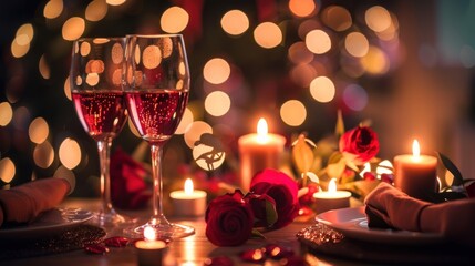 romantic dining table with burning candles and glasses of drinks