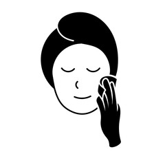 Woman applying facial treatment product black hand drawn icon