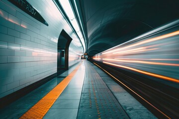 A photo of the Washington D.C. inner platform with an open door on one side and a white train in motion, dimly lit, clean and simple, long exposure photography, blurred background, high resolution