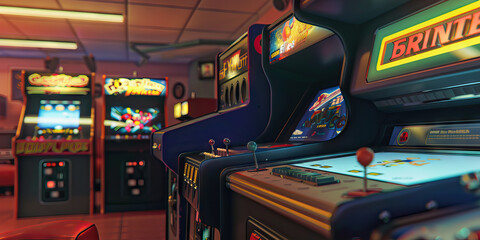 Retro Arcade: A nostalgic gaming den, complete with vintage arcade cabinets, classic consoles, and a jukebox playing '80s tunes.