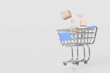 3d Shopping cart with cardboard boxes inside cart icon isolated on white background. Online Shopping, E-Commerce Concept. Minimal Empty Metal shopping basket cart icon creative design. 3d render.