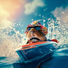  Guinea pig driving mini speedboat.