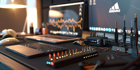 A Hacker's Paradise: A sleek and modern workstation, featuring a top-of-the-line laptop, a VPN router, and a collection of hacking tools.