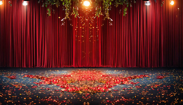 レッドカーテン。光り輝くステージに照らされたスポットライト。red curtains. A spotlight illuminated by a shining stage.