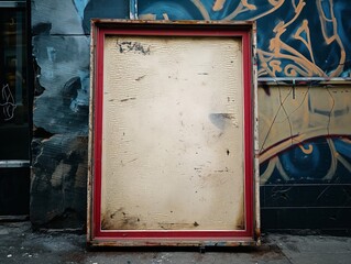 A red frame with a white background sits on a wall. The frame is empty and the wall is covered in...