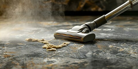 Detailed view of vacuum cleaner cleaning soiled gray carpet in housecleaning scene. Concept Housecleaning, Vacuum Cleaner, Soiled Carpet, Cleaning Scene, Detailed View