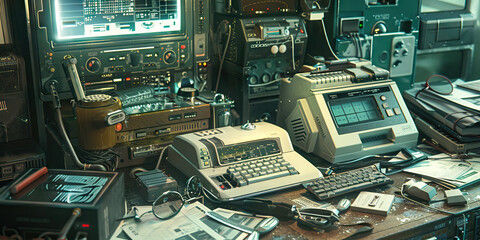 A Neuromancer's Toolkit: A cluttered workspace filled with futuristic gadgets, a holographic display, and a vintage fax machine