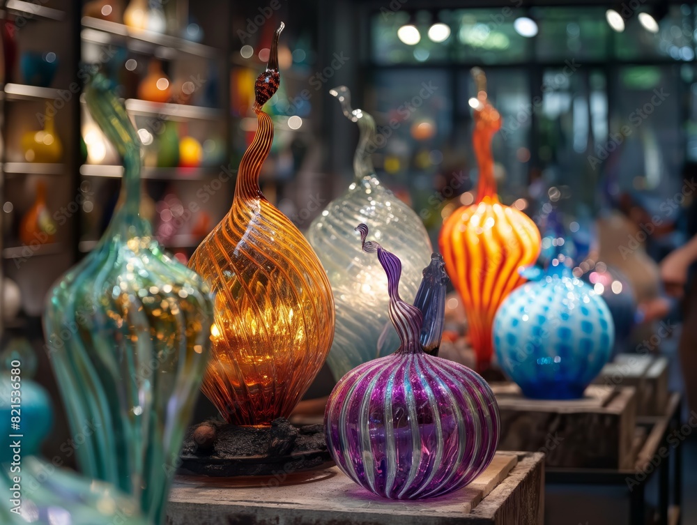 Wall mural A display of colorful glass vases with a variety of shapes and sizes. The vases are arranged on a wooden stand, and there are several people in the background. Scene is lively and colorful