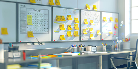 Scrum masters agile desk a desk with notes on the white board lots of connections and data notes.