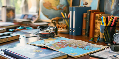 Travel-Themed Desk: Maps, guidebooks, and souvenirs adorn a desk, suggesting an adventurous spirit and numerous travel experiences