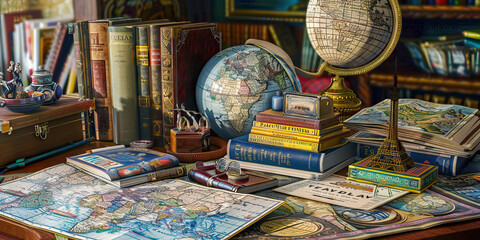 Travel-Themed Desk: Maps, guidebooks, and souvenirs adorn a desk, suggesting an adventurous spirit and numerous travel experiences