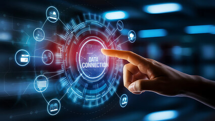 Digital technology, internet network connection concept. Finger touching on virtual screen with futuristic technology background, data exchange