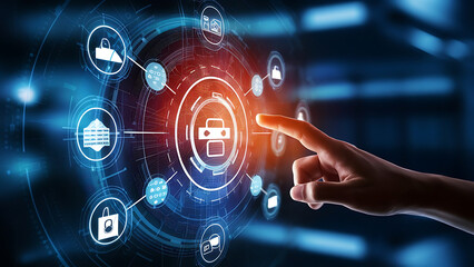 Digital technology, internet network connection concept. Finger touching on virtual screen with futuristic technology background, data exchange