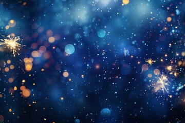 Obraz premium Silvester party New year background banner panorama long- sparklers and bokeh lights on dark blue night sky texture, with space for text with generative ai