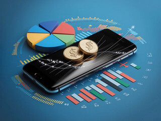 A smartphone is shown lying flat against a blue background. On top of the phone, there are colorful 3D representations of a pie chart, a bar graph, and two golden currency coins