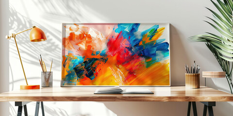 Creative Abstraction: A Minimalist Desk Centered Around a Vibrant Painting