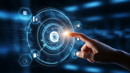 Digital technology, internet network connection concept. Finger touching on virtual screen with futuristic technology background, data exchange