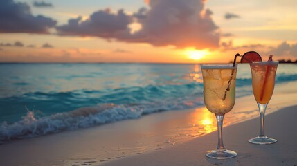 As day turns to dusk, cocktails on the beach take on a magical quality, their shimmering colors reflecting the fading light of the horizon, creating a moment of serenity and enchantment 