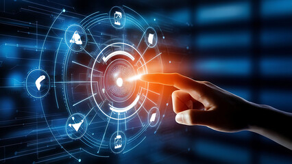 Obraz premium Digital technology, internet network connection concept. Finger touching on virtual screen with futuristic technology background, data exchange
