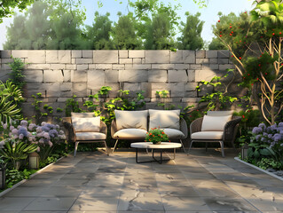 Obraz premium Cozy patio area with garden furniture, perfect for relaxation and outdoor living.