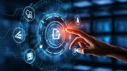 Fototapeta premium Digital technology, internet network connection concept. Finger touching on virtual screen with futuristic technology background, data exchange