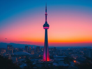 A tall building with a bright light on top stands in front of a beautiful sunset. The light on top of the building is glowing in the sky, creating a warm and inviting atmosphere